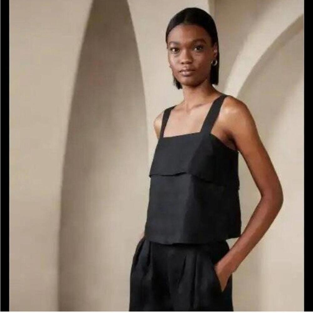 Banana Republic Mia Square-Neck Linen Tank Black XXS